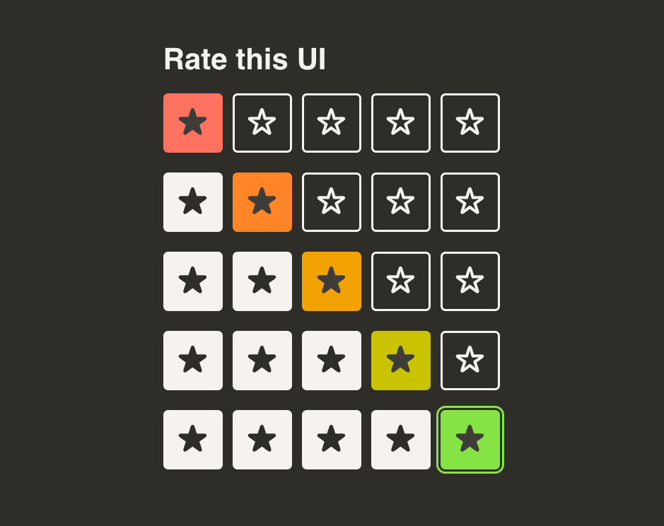 Rate this UI rating scale showing five rows of 1 to 5 star ratings with color-coded active states on a dark background.