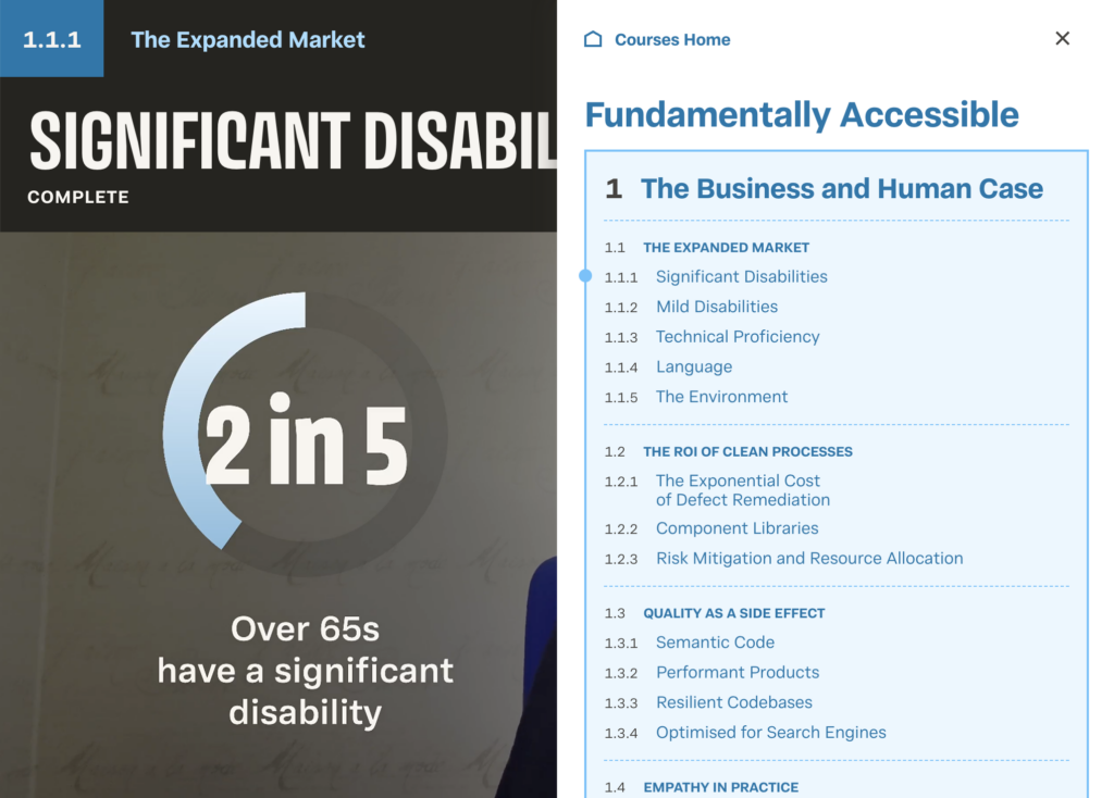 Screenshot of a lesson page in my new Fundamentally Accessible course.